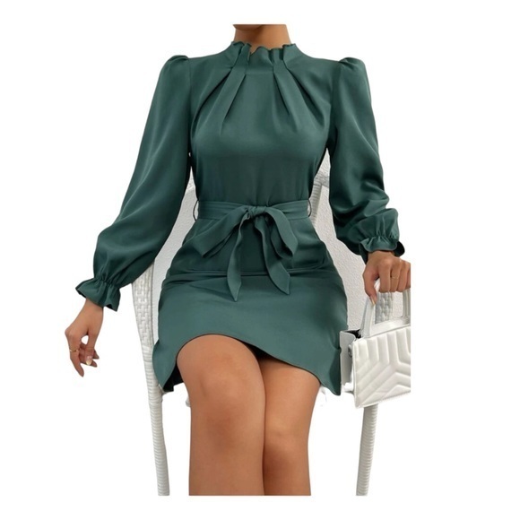 SHEIN Dresses & Skirts - Flounce Sleeve Fold Pleated Belted Dress Dark Green dress size M